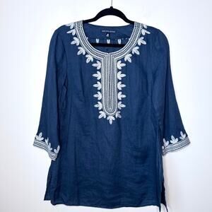 NEW Saks Fifth Avenue‎ Small 100% Linen Split Neck Embroidered Tunic Top Resort